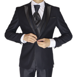 Black/ Gold Avanti Milano Peak Dotted Lapel Gold Dotted Vest Three Piece Tuxedo