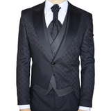 Black Avanti Milano Diamond Patterned Peak Lapel Three Piece Tuxedo