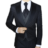 Black Avanti Milano Diamond Patterned Peak Lapel Three Piece Tuxedo