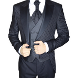 Black Avanti Milano Diamond Patterned Peak Lapel Three Piece Tuxedo