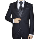 Black Avanti Milano Floral Vest Peak Lapel Three Piece Tuxedo