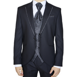 Black Avanti Milano Floral Vest Peak Lapel Three Piece Tuxedo