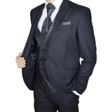 Black Avanti Milano Floral Vest Peak Lapel Three Piece Tuxedo