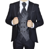Black Avanti Milano Floral Vest Peak Lapel Three Piece Tuxedo