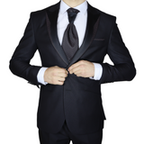Black Avanti Milano Patterned Lapel Double Breasted Three Piece Tuxedo