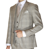Beige Plaid Avanti Milano Peak Lapel Three Piece Suit