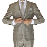 Beige Plaid Avanti Milano Peak Lapel Three Piece Suit