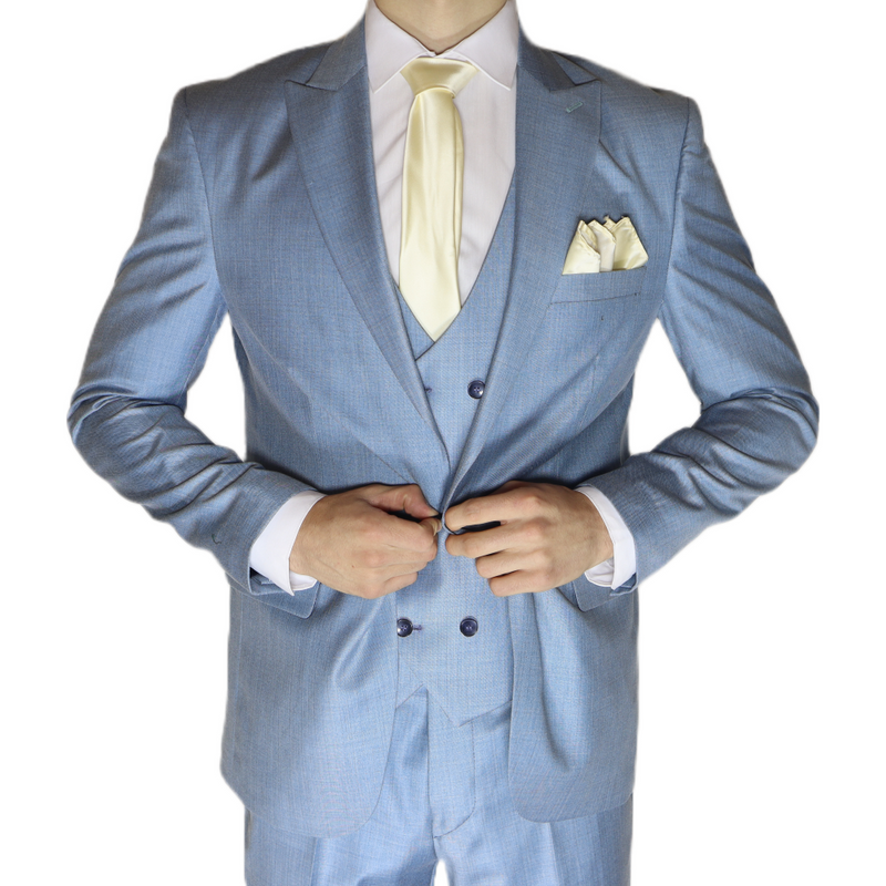 Light Blue Avanti Milano Patterned Peak Lapel Three Piece Suit