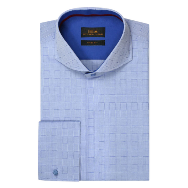 Light Blue Steven Land Square Patterned French Cuff Shirt