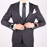 Black Avanti Milano Peak Lapel Low Cut Vest Three Piece Suit