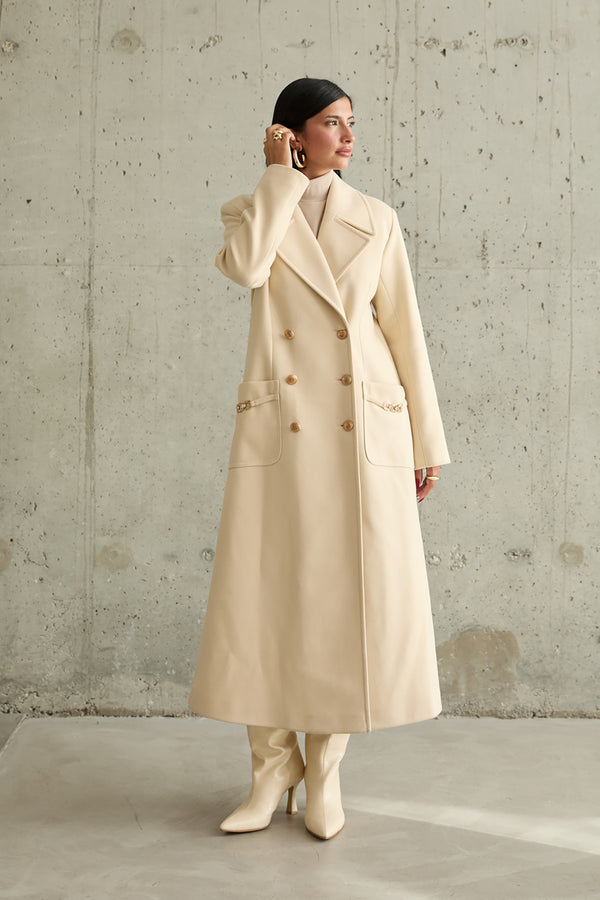 Cream Wide Peak Lapel Double Brested Closure Winter Coat