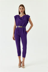 Purple Women's Formal Jumpsuit With Collar Belt