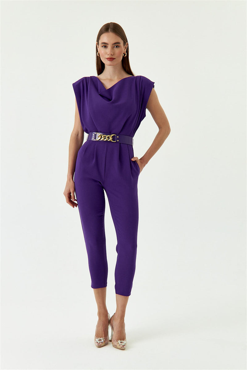 Purple Women's Formal Jumpsuit With Collar Belt