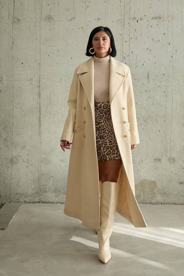 Cream Wide Peak Lapel Double Brested Closure Winter Coat