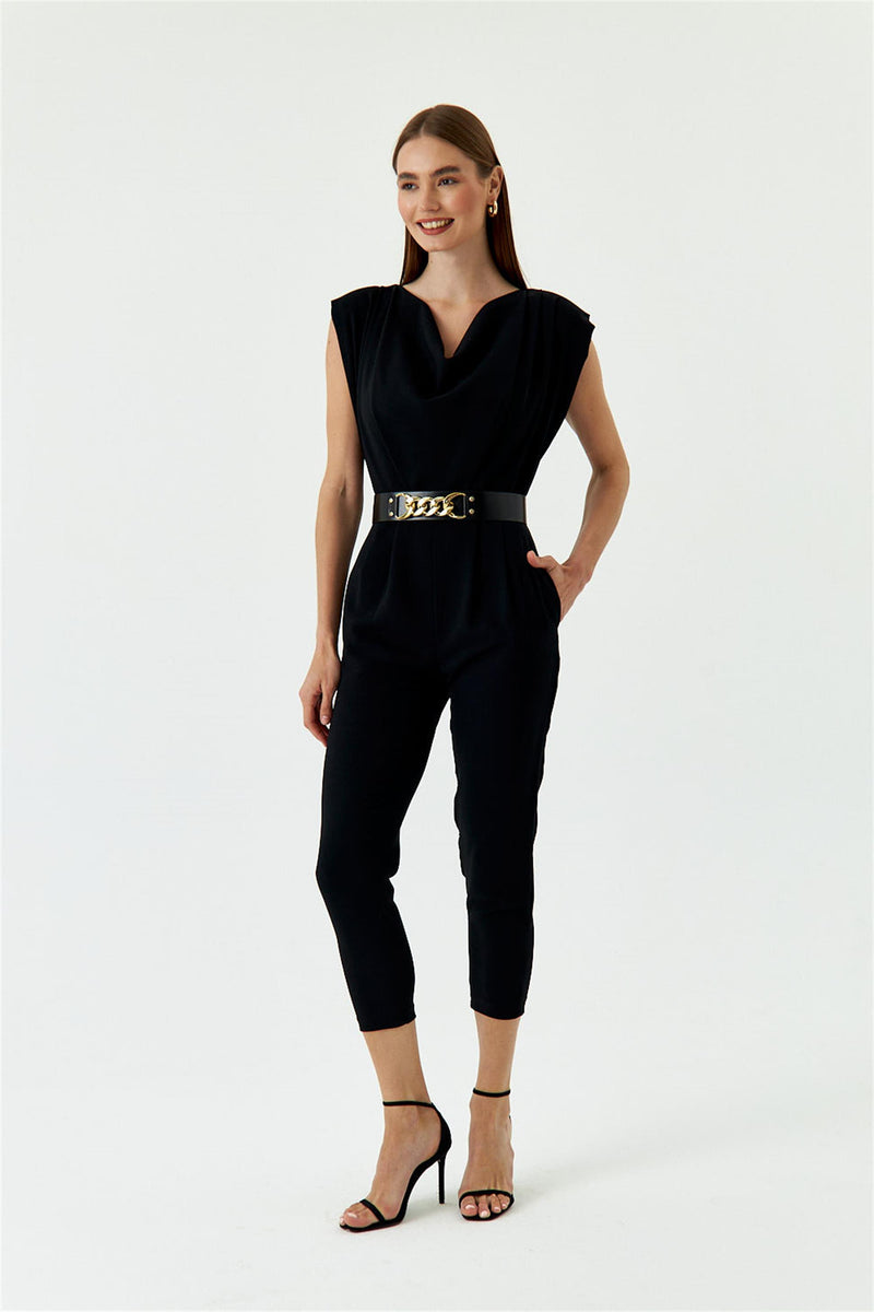 Black Women's Formal Jumpsuit With Collar Belt โ Avanti Milano