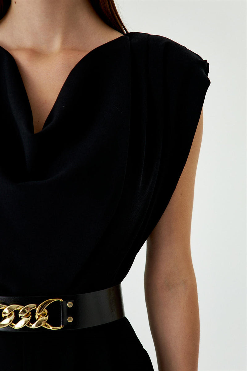 Black Women's Formal Jumpsuit With Collar Belt Avanti Milano Formalwear Black Women's Formal Jumpsuit With Collar Belt Avanti Milano Formalwear