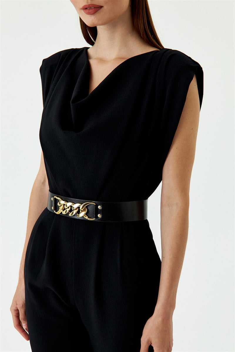 Black Women's Formal Jumpsuit With Collar Belt Avanti Milano Formalwear Black Women's Formal Jumpsuit With Collar Belt Avanti Milano Formalwear
