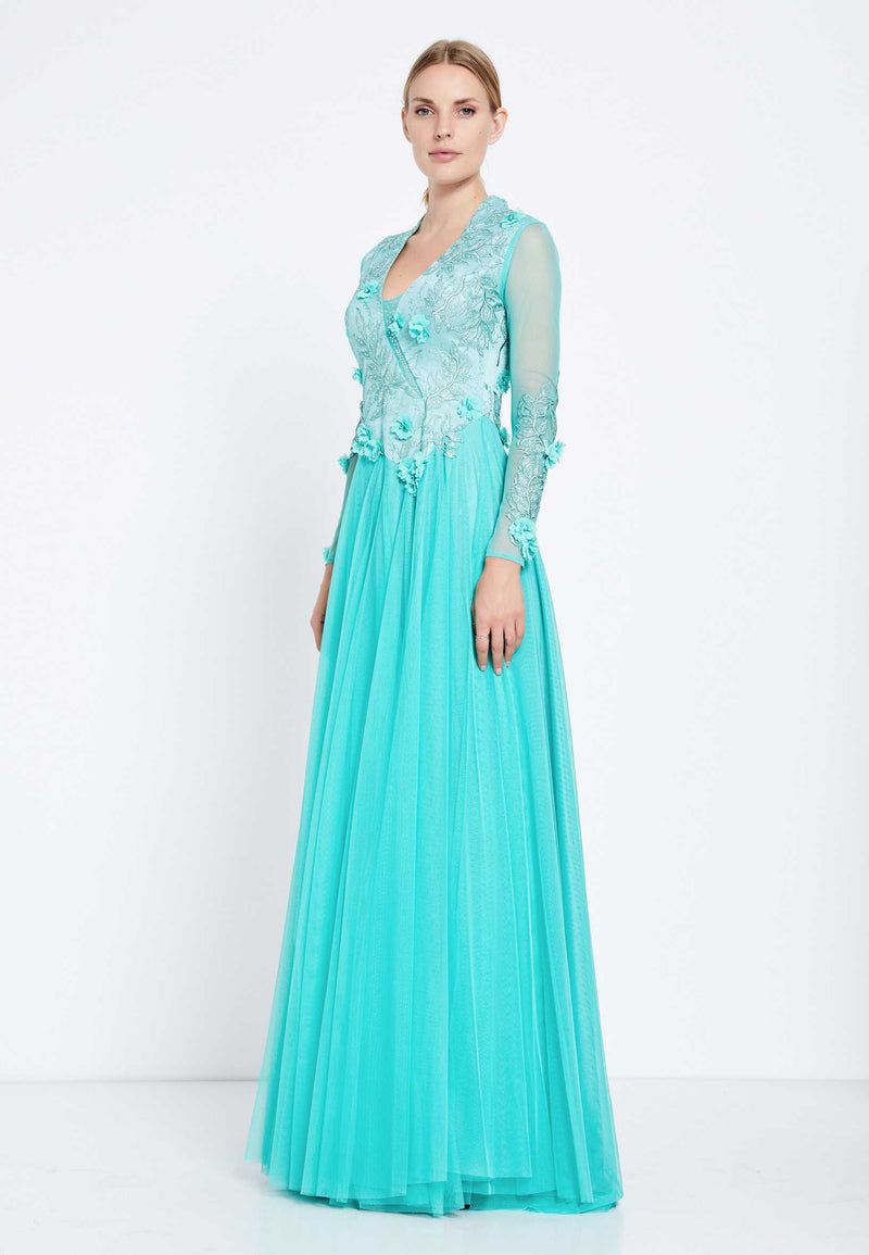 flower sheer dress Baby Blue Floral Sheer Sleeve Dress – Avanti Milano Formalwear