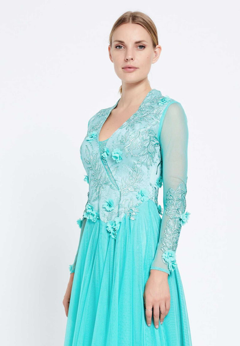 Baby Blue Floral Sheer Sleeve Dress Avanti Milano Formalwear Baby Blue Floral Sheer Sleeve Dress Avanti Milano Formalwear
