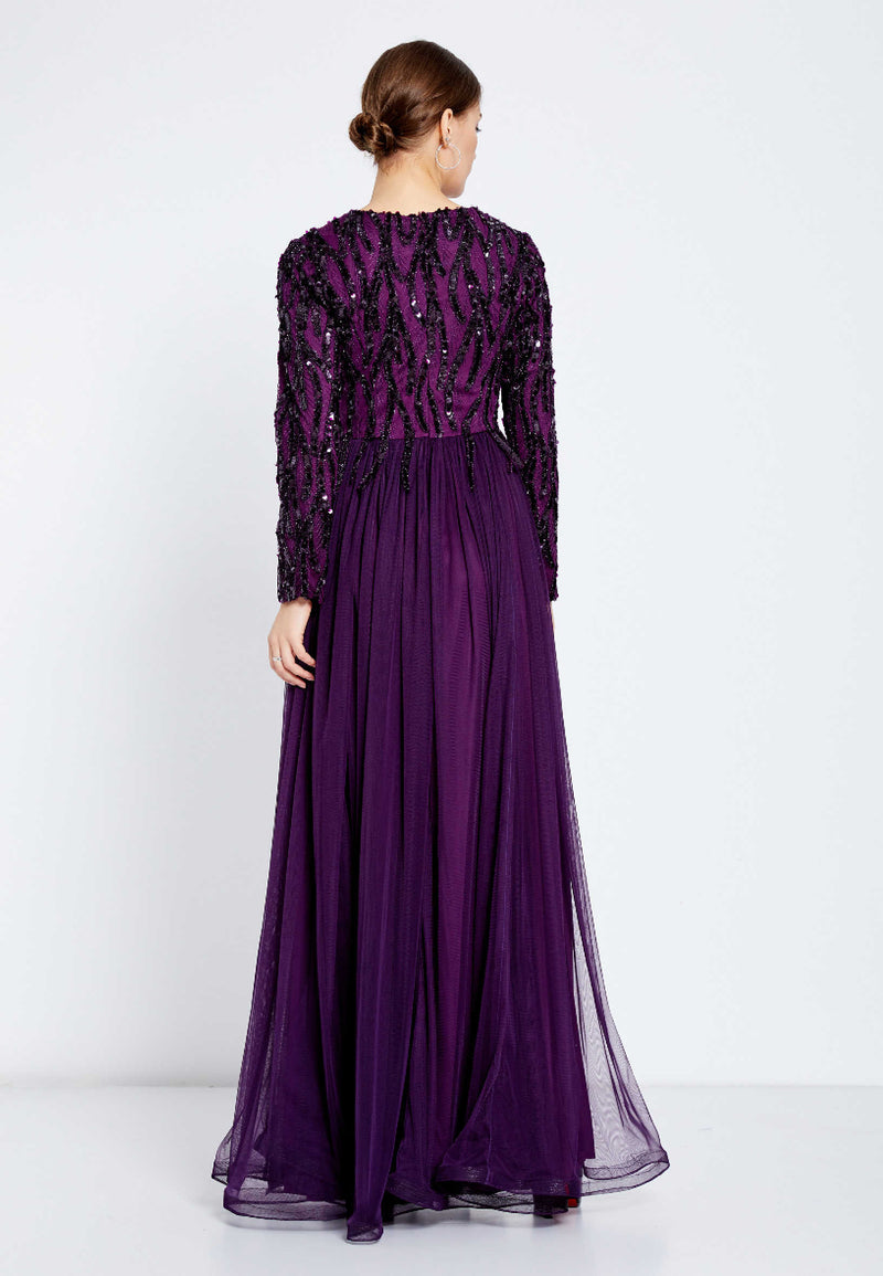 Midnight Purple Black Sequence Design Flow Dress Avanti Milano Formalwear Midnight Purple Black Sequence Design Flow Dress Avanti Milano Formalwear