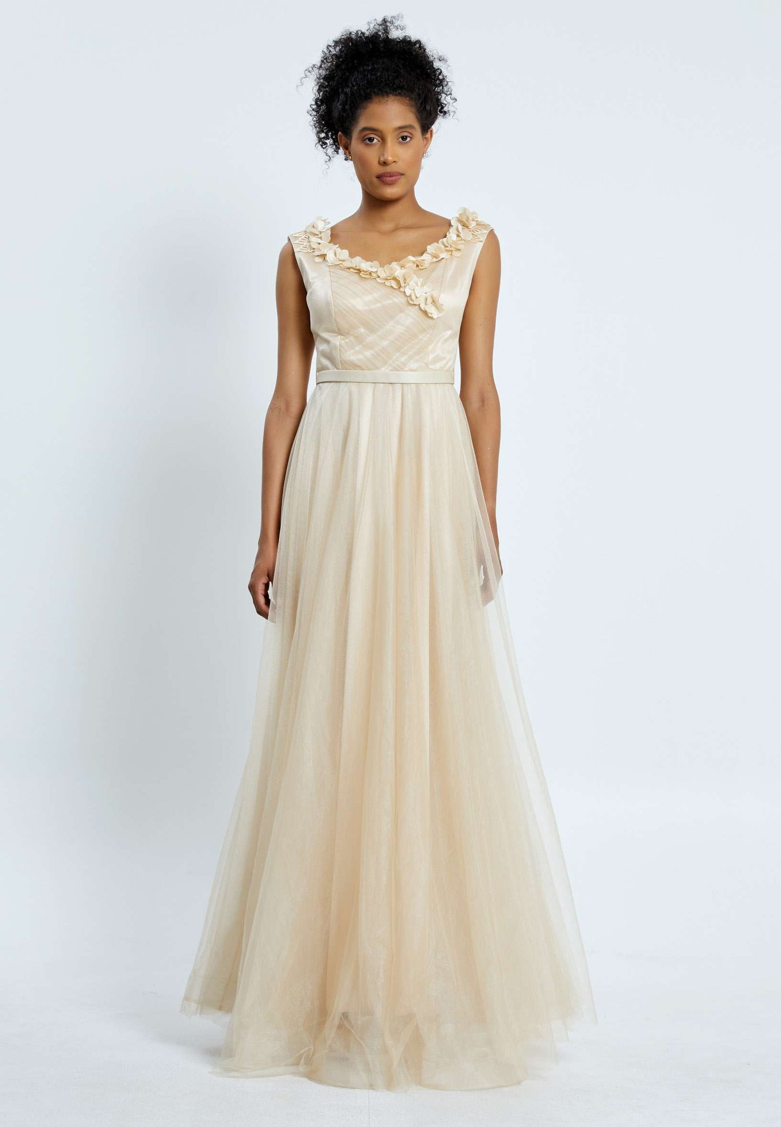 Cream Floral Neck Line Sleeveless Flowy Dress S