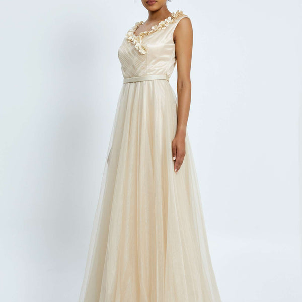 Cream Floral Neck Line Sleeveless Flowy Dress – Avanti Milano Formalwear