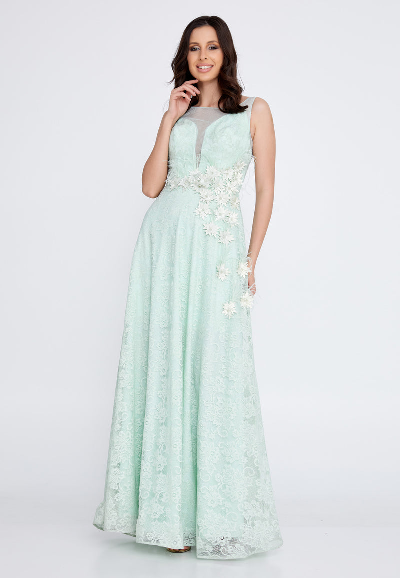 Mint Green Floral Sheer Top Sleeveless Dress Avanti Milano Formalwear Mint Green Floral Sheer Top Sleeveless Dress Avanti Milano Formalwear
