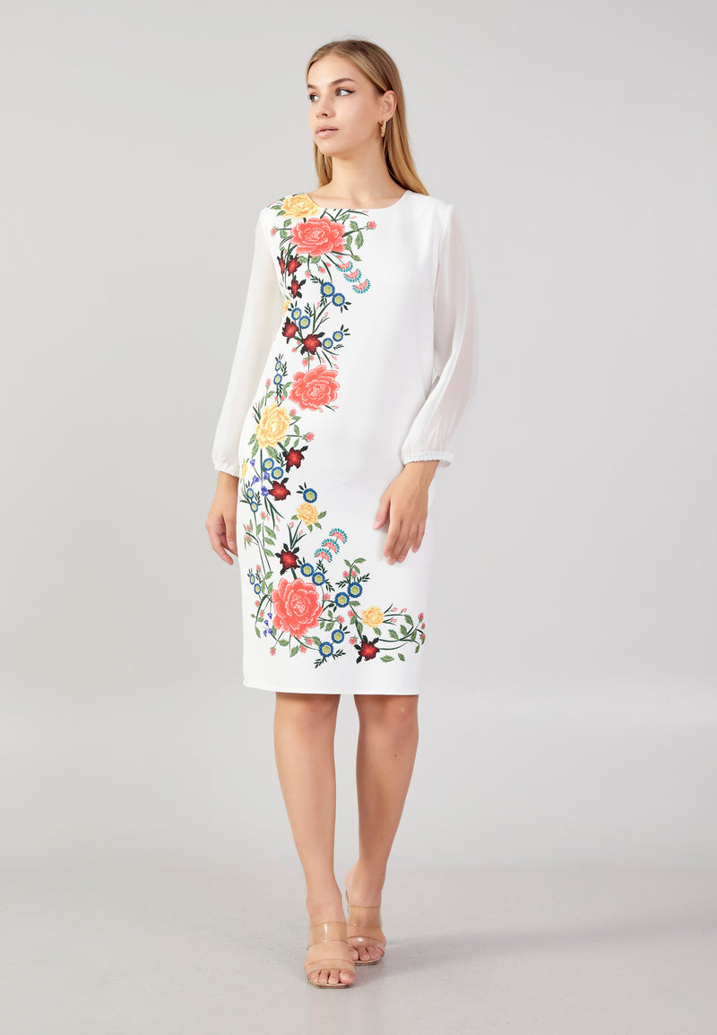 White Sheer Sleeve Floral Fitted Dress L White Sheer Sleeve Floral Fitted Dress L