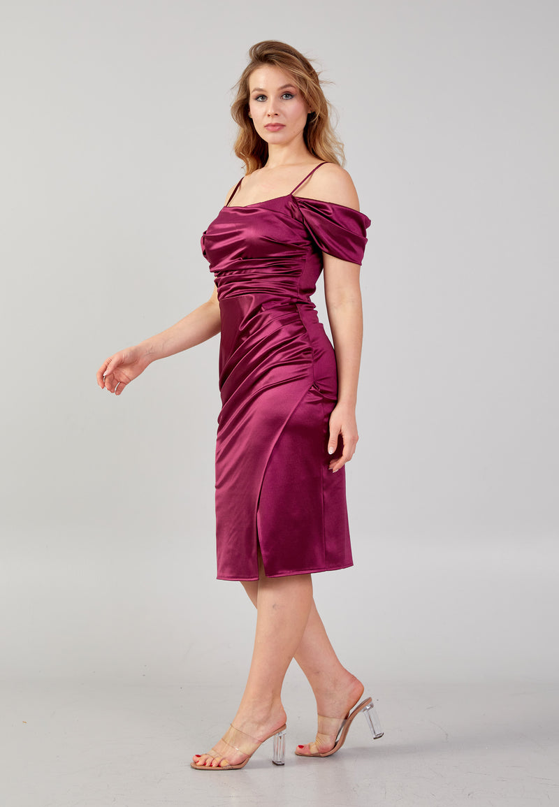 Satin Bordeaux Peplum Style Fitted Dress S Satin Bordeaux Peplum Style Fitted Dress S