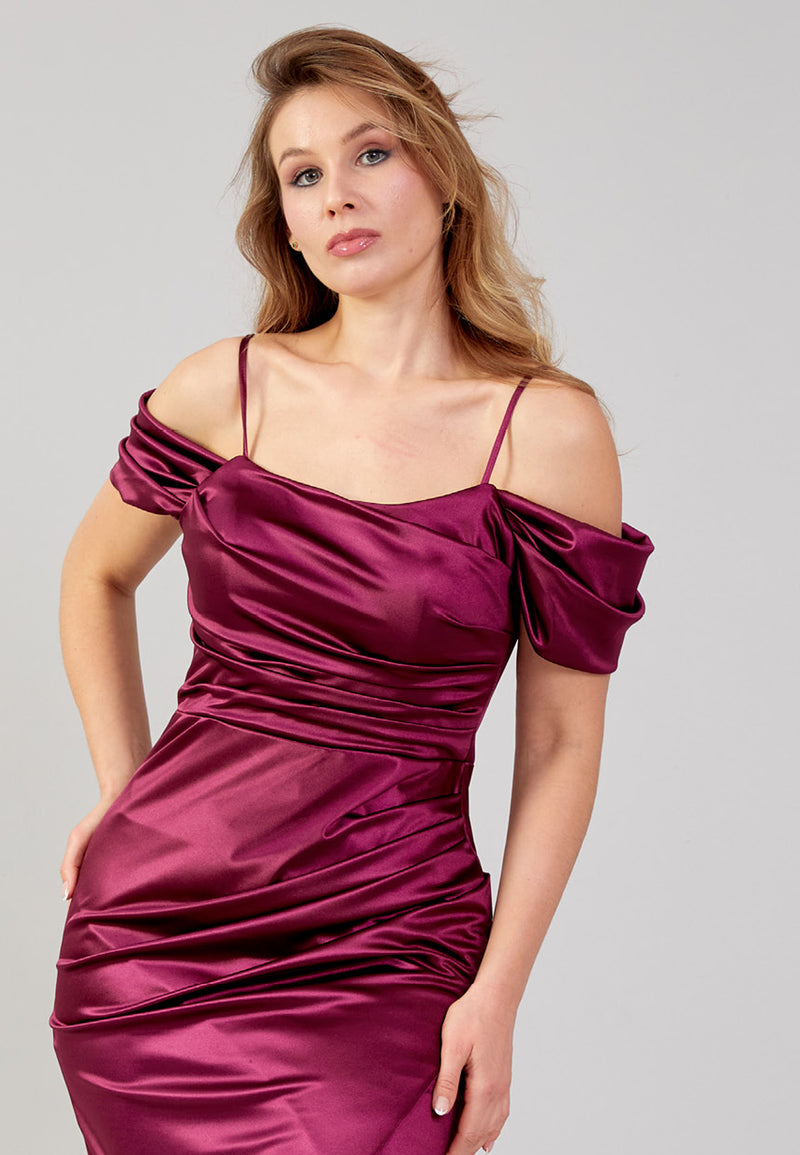 Satin Bordeaux Peplum Style Fitted Dress M