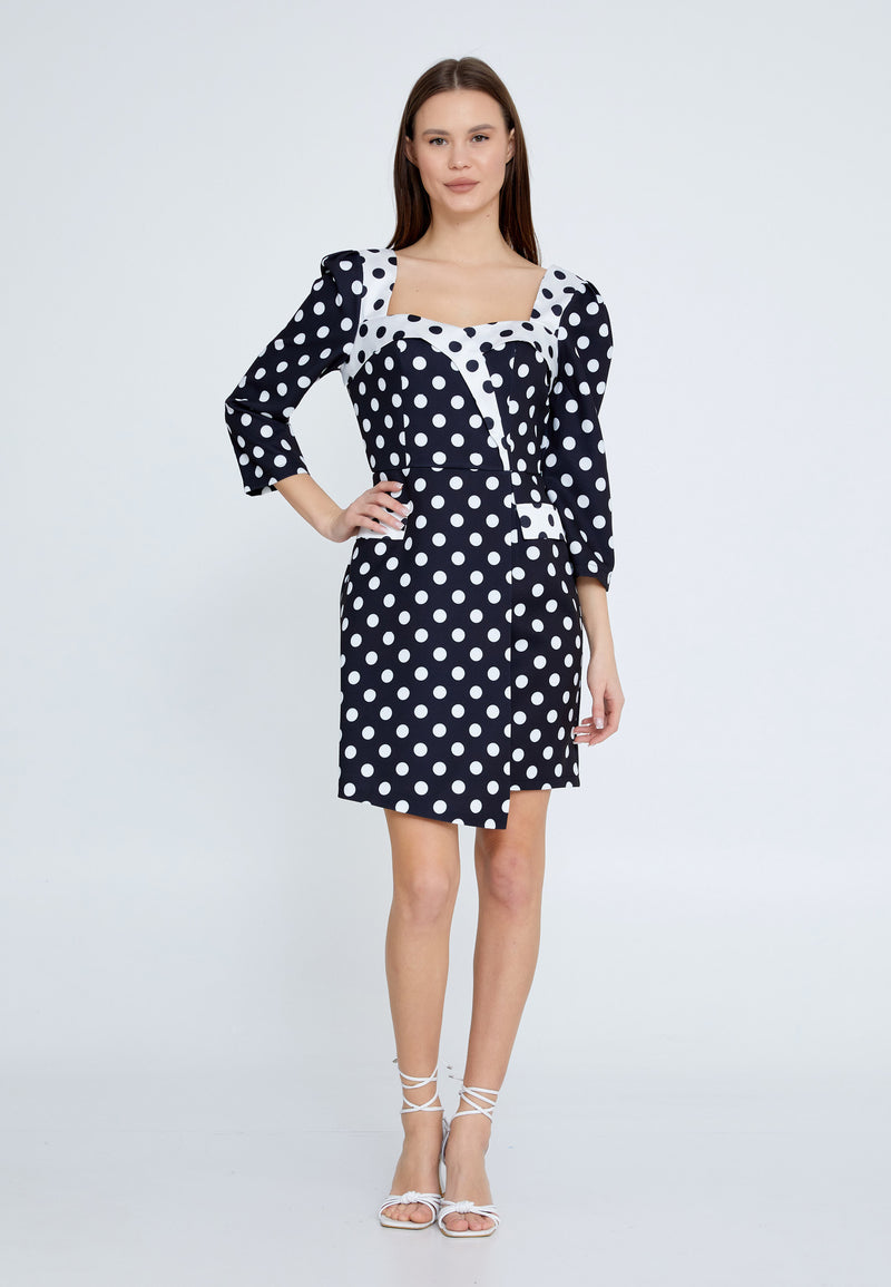 Black and White Polka Dot 3/4 Sleeve Fitted Dress Avanti Milano Formalwear Black and White Polka Dot 3/4 Sleeve Fitted Dress Avanti Milano Formalwear