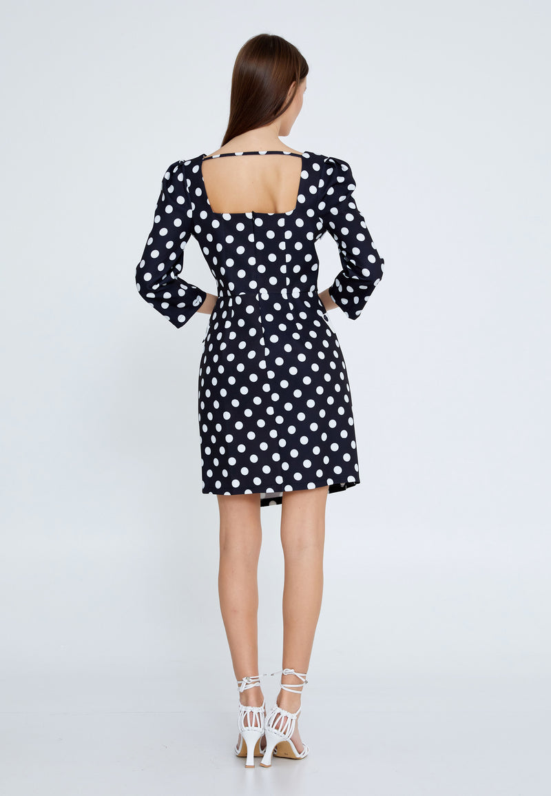 Black and White Polka Dot 3/4 Sleeve Fitted Dress Avanti Milano Formalwear Black and White Polka Dot 3/4 Sleeve Fitted Dress Avanti Milano Formalwear
