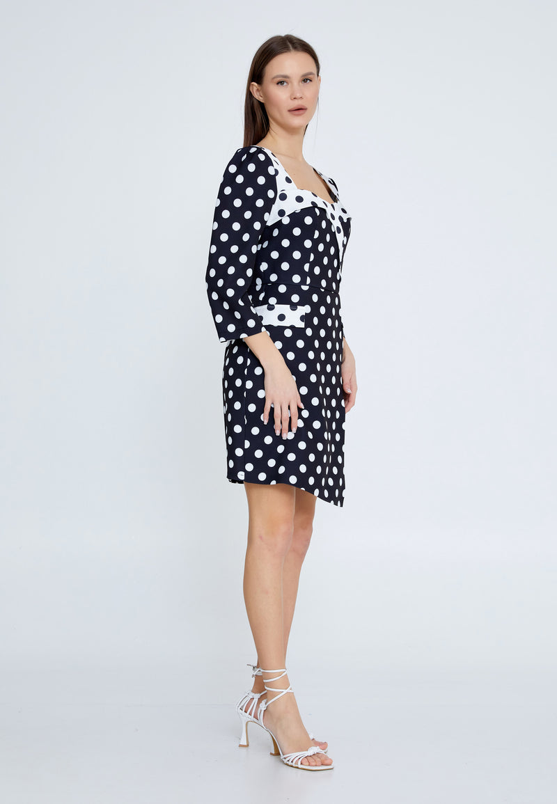 Black and White Polka Dot 3/4 Sleeve Fitted Dress Avanti Milano Formalwear Black and White Polka Dot 3/4 Sleeve Fitted Dress Avanti Milano Formalwear