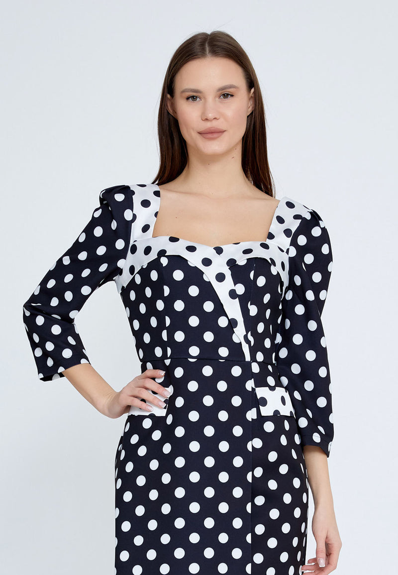 Black and White Polka Dot 3/4 Sleeve Fitted Dress Avanti Milano Formalwear Black and White Polka Dot 3/4 Sleeve Fitted Dress Avanti Milano Formalwear