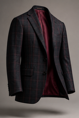 Collage of a dark suit with a man wearing it in various settings.