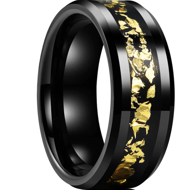 Black/Gold Avanti Milano Gold Leaf Display Beveled Edge Tungsten Ring