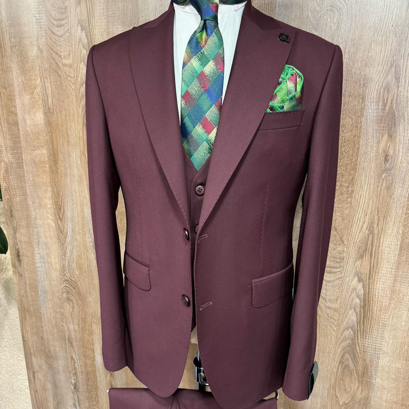 Burgundy Avanti Milano Pick Stitched Peak Lapel Three Piece Suit