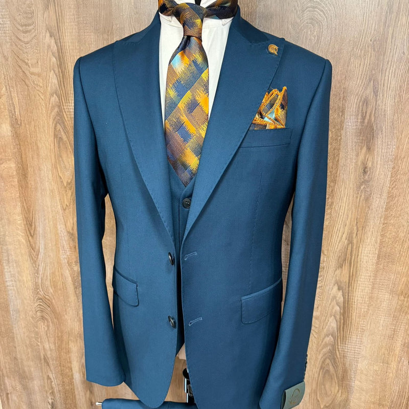 Teal Avanti Milano Peak Lapel Pick Stitched Three Piece Suit