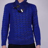 Blue/Grey Patterned Buckle Up Turtle Neck Knitted Pullover Sweater