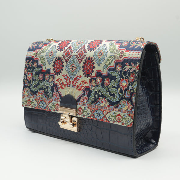 Black/Blue Avanti Milano Floral Patterned Gold Accessory Hand Bag