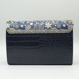Black/Navy Blue Avanti Milano Floral Patterned Gold Accessory Hand Bag