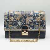 Black/Navy Blue Avanti Milano Floral Patterned Gold Accessory Hand Bag