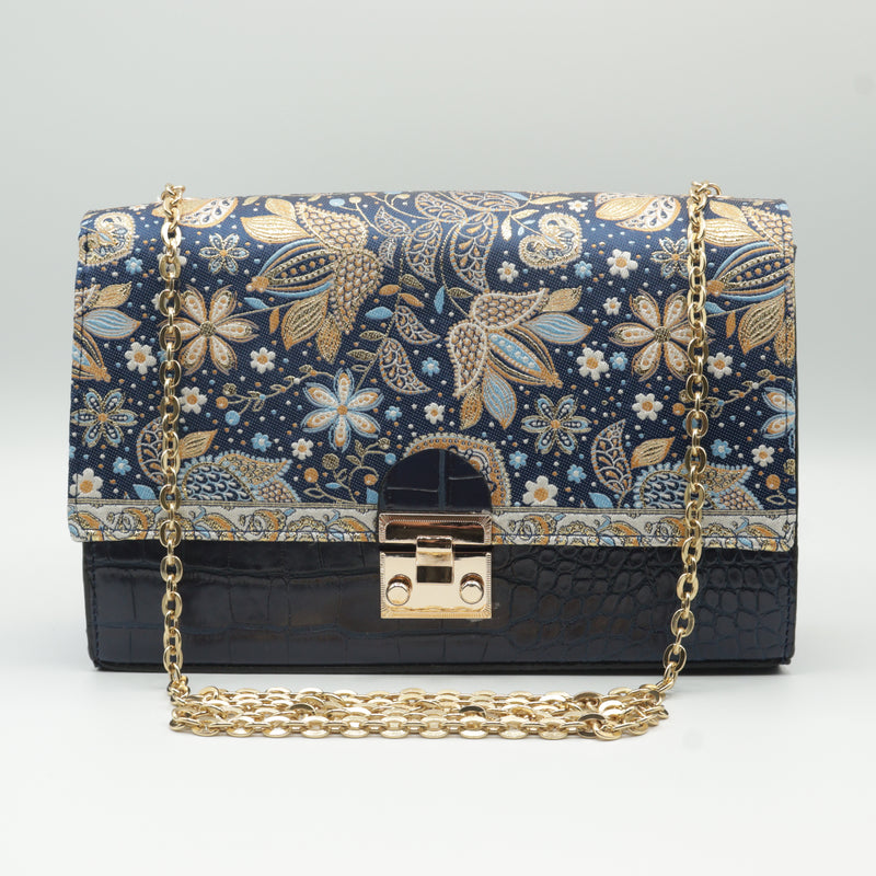 Black/Navy Blue Avanti Milano Floral Patterned Gold Accessory Hand Bag