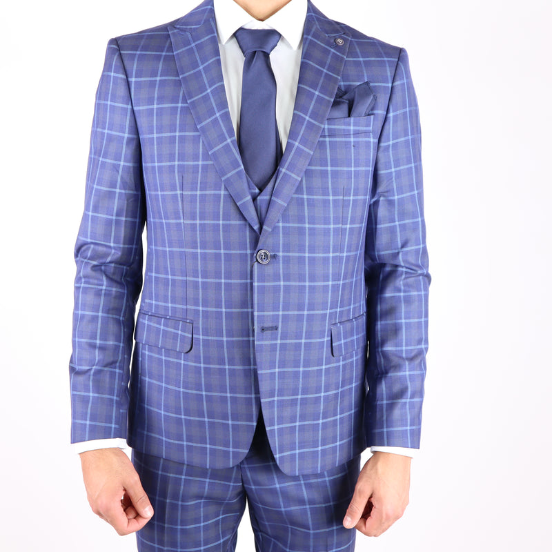 Navy/ Light Blue Avanti Milano Peak Lapel Window Pane Patterned Three Piece Suit