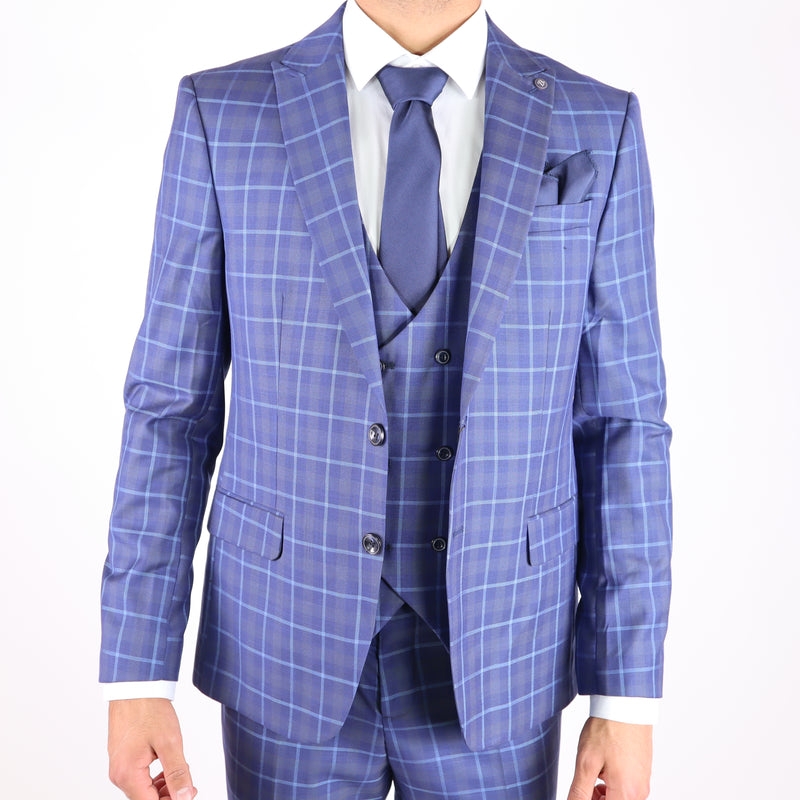 Navy/ Light Blue Avanti Milano Peak Lapel Window Pane Patterned Three Piece Suit