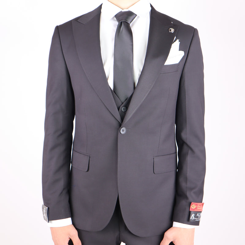 Black Avanti Milano Peak Lapel Low Cut Vest Three Piece Suit