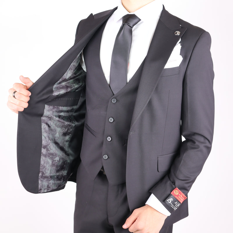 Black Avanti Milano Peak Lapel Low Cut Vest Three Piece Suit
