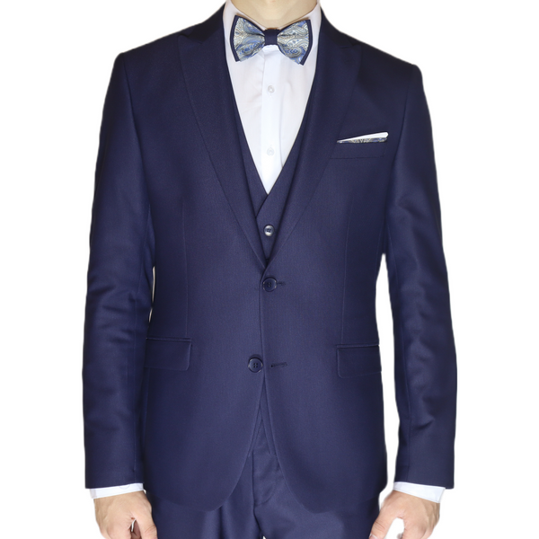 Navy Blue Avanti Milano Patterned Stitch Peak Lapel Three Piece Suit