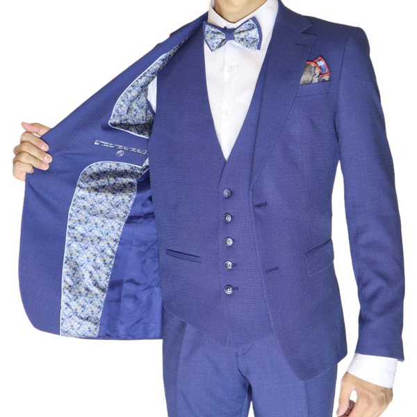 Blue Avanti Milano Patterned Notch Lapel Three Piece Suit