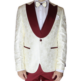 White/Ruby Red Avanti Milano Floral Patterned Shinning Three Piece Tuxedo